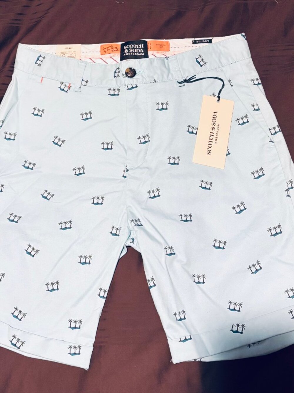 Scotch & Soda Printed Cotton Shorts – Mini Palm Print – Light Blue – New With Ta